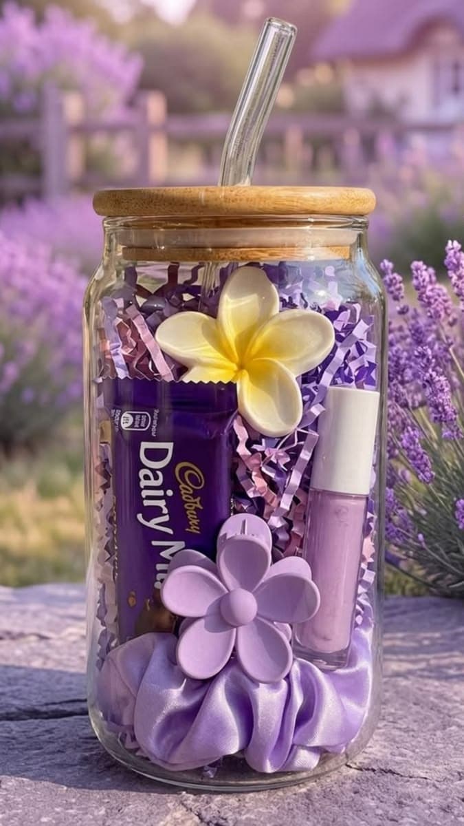 Lavender-Themed Gift Jar with Dairy Milk Chocolate & Lip Gloss